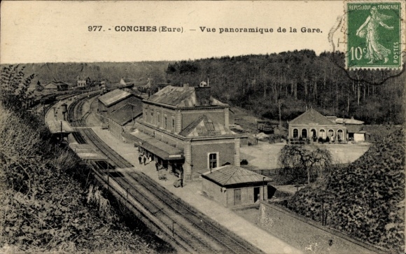 Postcard Conches en Ouche Eure, train station, track view