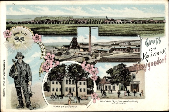 Litho Heygendorf Artern Unstrut, Kaliwerk, Bergmann, Gasthaus, Materialwarenhandlung
