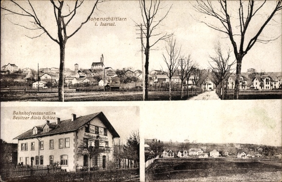 Ansichtkaart Schäftlarn Oberbayern, stationsrestauratie, eigenaar Alois Schlee, panorama van de plaats
