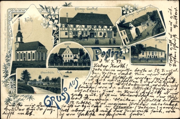 Chromo-Litho Ponitz Altenburger Land Thuringia, Etlings inn, church, castle, dance hall