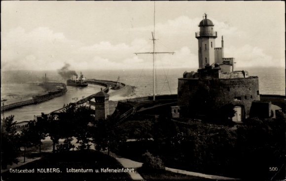 Postcard Kołobrzeg Kolberg Pomerania, pilot tower and harbor entrance