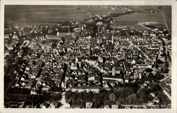 Postcard Memmingen in Swabia, aerial view of cityscape, many roofs, green landscape
