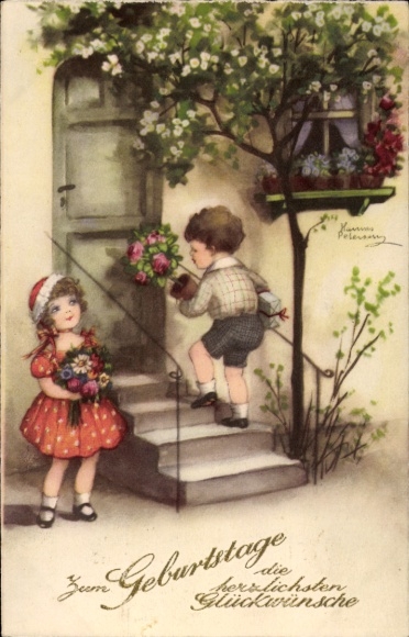 Kunstenaar Ak Petersen, H., gefeliciteerd met verjaardag, kinderen voor het huis van het jarige kind