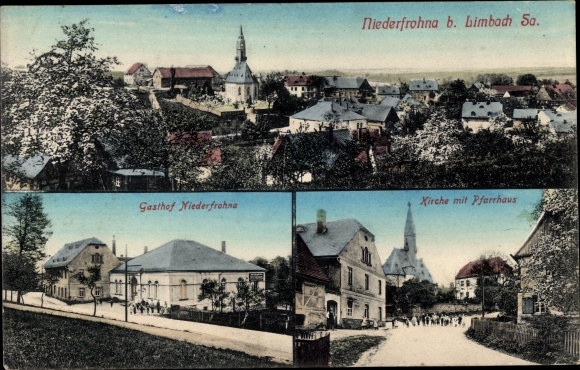 Ak Niederfrohna in Sachsen, Gasthof, Kirche, Pfarrhaus, Totalansicht