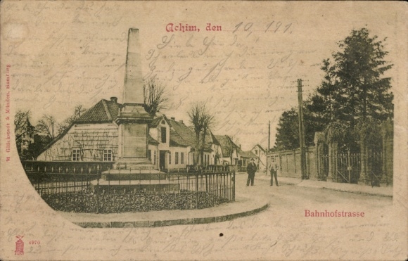 Postcard Achim near Bremen, Bahnhofstrasse, war memorial