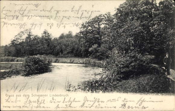 Postcard Schwaan in Mecklenburg, watercourse, trees, banks, people, by Ludwig Kiel, greetings from Schwaaner