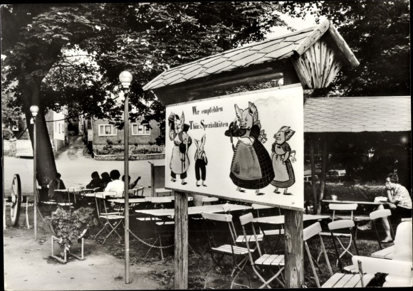 Postcard Dröbischau in Thuringia, contractual restaurant Gasthof Kemter, patio area
