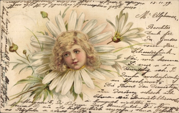 Chromo-Litho Child's Face in a Daisy Blossom