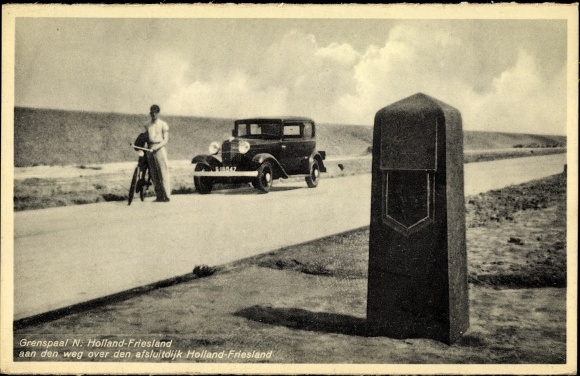 Postcard Friesland Netherlands, German-Dutch border, car, cyclist