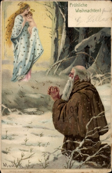 Präge Ak Frohe Weihnachten, Mann betet zu Maria mit Jesuskind
