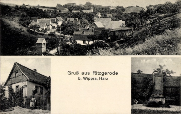 Postcard Ritzgerode near Wippra Sangerhausen am Harz, total, grocery store Otto Franke, monument