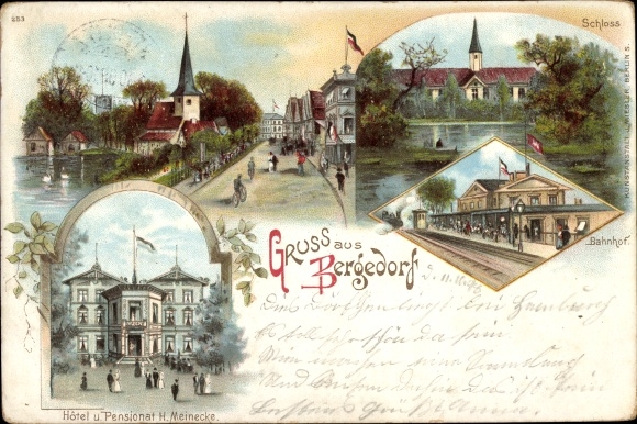 Chromo-Litho Hamburg Bergedorf, castle, railway station track side, boarding house, promenade