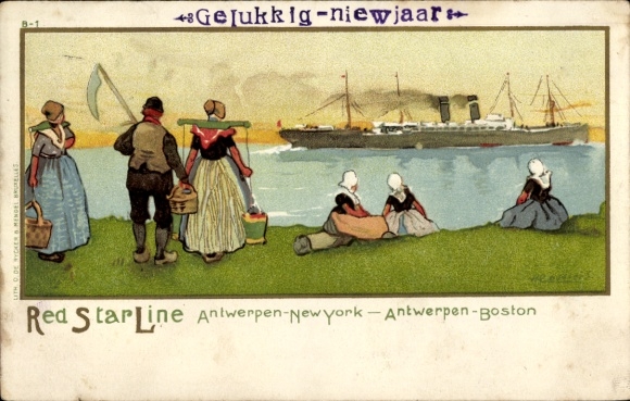 Artist Postcard Cassiens, Red Star Line, Antwerp New York, passenger steamer, Belgian costumes