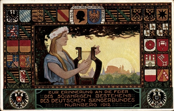 Artist Coat of Arms Postcard Nuremberg in Middle Franconia, 50th Anniversary of the German Singers' Association 1912