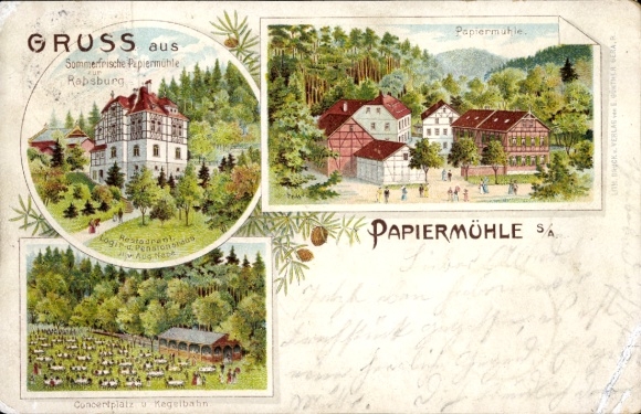 Litho Papiermühle Schmölln in Thüringen, Teilansichten, Restaurant und Pensionshaus, Konzertplatz