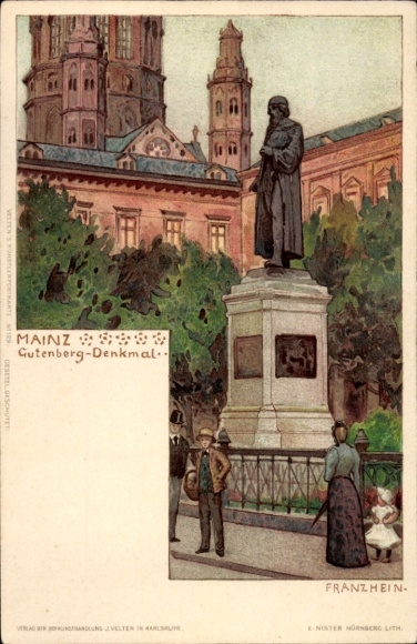 Kunstenaar litho Hein, Franz, Mainz am Rhein, Gutenbergmonument