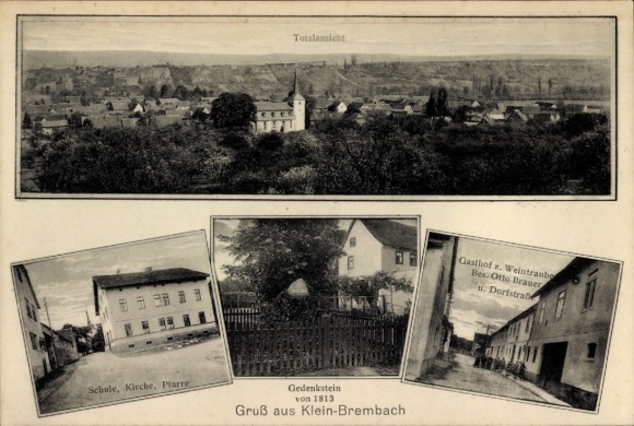 Postcard Kleinbrembach Buttstädt in Thuringia, long shot, school, church, parish, inn "Zur Weintraube"