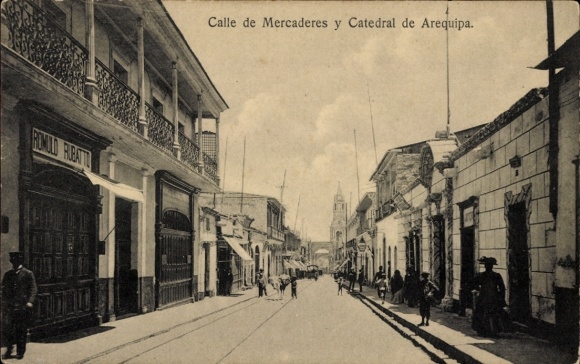 Ak Arequipa Peru, Mercaderes-straat en de kathedraal van Arequipa