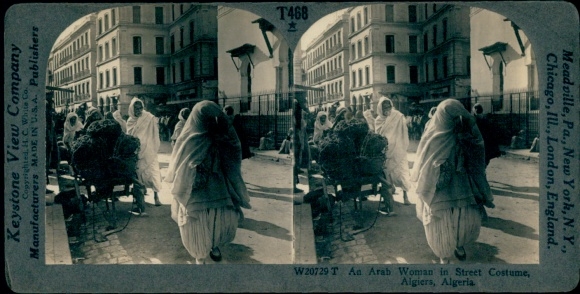 Stereo Photo Algiers Alger Algeria, veiled Arab woman, street scene