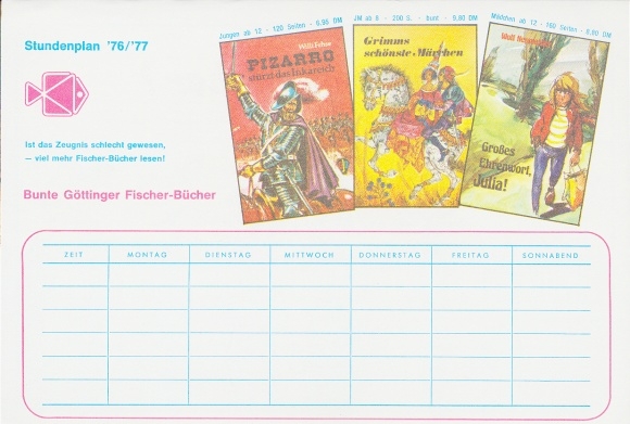 Timetable 1976/77, advertising, Bunte Göttinger Fischer books, favorite books, Putzi, Sheriff Cox