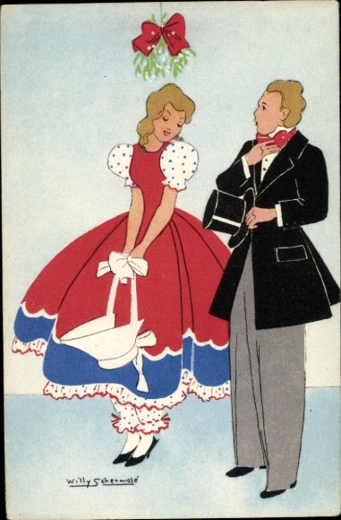 Artist PC Schermelé, Willy, congratulations Christmas, New Year, woman stands under a mistletoe