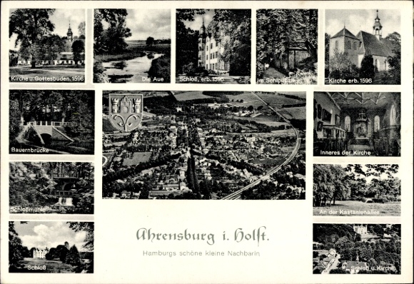 Ak Ahrensburg im Kreis Stormarn, Wappen, Fliegeraufnahme, Kirche, Schlossmühle, Schloss, Aue