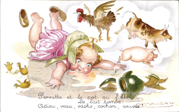 Artist Postcard Mauzan, girl falls on the floor, broken vase, animals