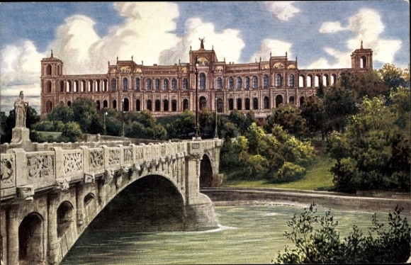 Künstler Ak Jander, Carl, München, Blick auf das Maximilaneum und Brücke