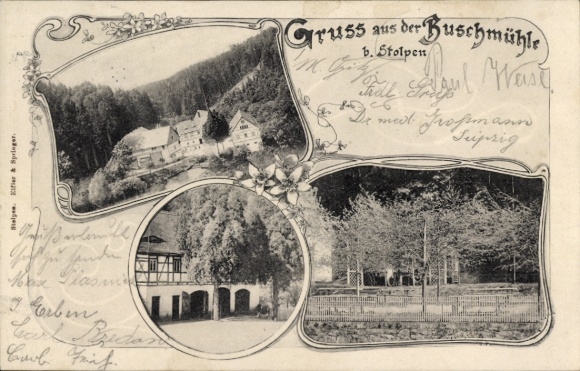 Postcard Stolpen Saxony, Buschmühle Inn, Valley Part, Garden