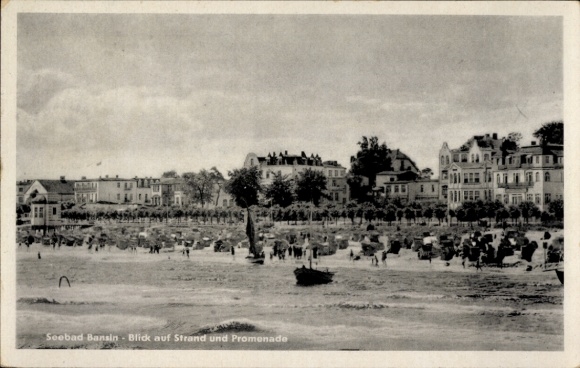 Postcard Ostseebad Bansin on Usedom, seaside resort beach and promenade, historical photo, many bathers