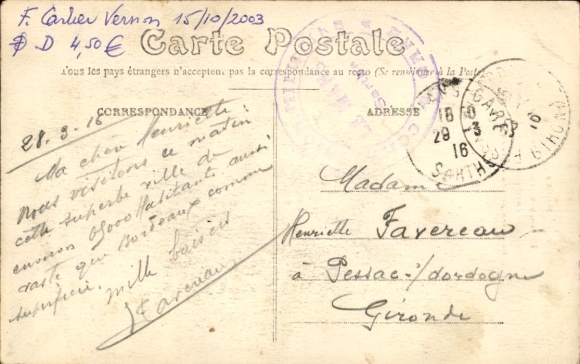 Postcard Sablé sur Sarthe, man in top hat drinking from a jug, a woman in a white dress pouring...