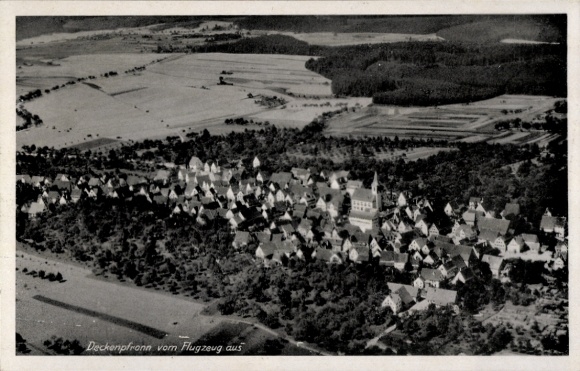 Postcard Deckenpfronn in Baden Württemberg, aerial view of rural surroundings, houses, church
