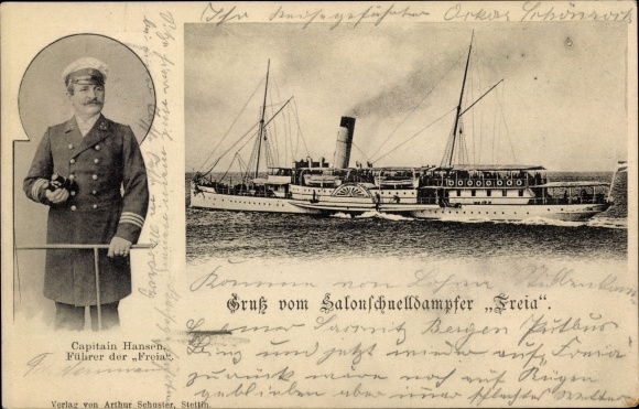 Ak salon snelstoomboot Freia, raderstoomboot, badplaatsstoomboot, kapitein Hansen