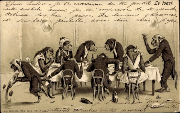 Emboss Chromo-Litho Monkeys in suits at the table with champagne, waiters, humanities