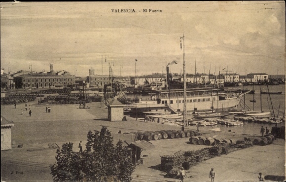 Ak Valencia Stadt Spanien, Hafenansicht, Schiff im Wasser, Lagerhaus, Holzstapel, historische ...