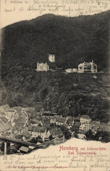 Postcard Hornberg in the Black Forest, Hornberg with castle hotel, Bad. Black Forest