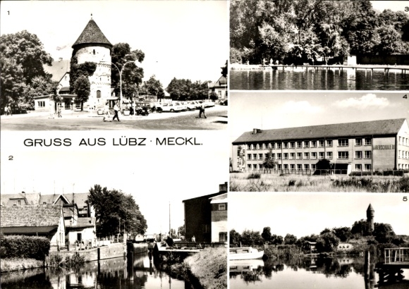 Postcard Lübz in Mecklenburg, Wilhelm-Pieck-Platz, lock, bath, secondary school III, An der Elde