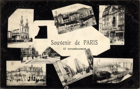 Ak Paris XIII., miniaturen, kerk, straatdelen
