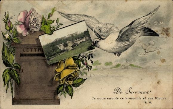 Ak Suresnes Hauts de Seine,  mit Taube, Blumen, Foto einer Villa, französischer Text