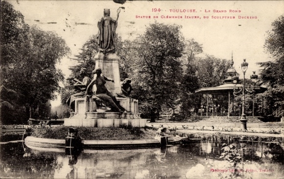 Ak Toulouse Haute Garonne, Brunnen mit Statue, Bäume, Pavillon, Parklandschaft