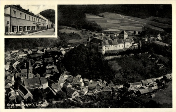 Ak Wörth an der Donau Oberpfalz Bayern, Gasthof zur Post, Burg, Stadtansicht, alte Architektur