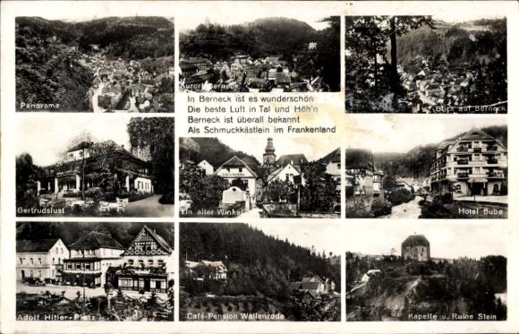 Postcard Bad Berneck in the Fichtelgebirge Bavaria, Hotel Bube, Adolf Hitler Platz, Café Pension, Gertrudslust
