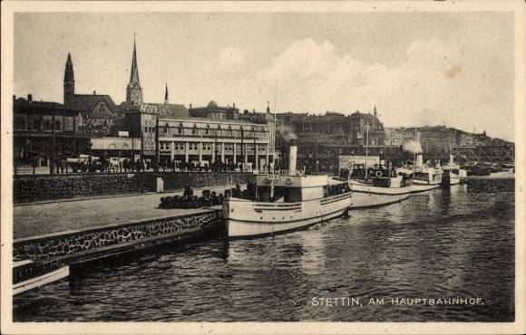 KP Szczecin Stettin Pomerania, dworzec główny, statek parowy na Odrze