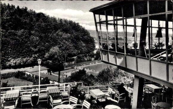 Postcard Bad Driburg in Westphalia, view from Cafe Falkenhöhe to the swimming pool