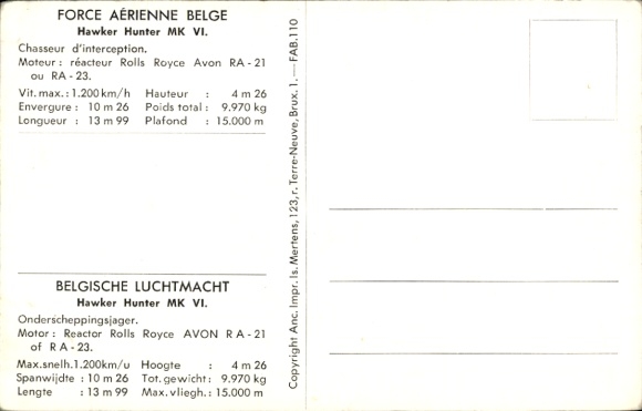 Postcard Belgian fighter aircraft, fighter aircraft, interceptor Hawker Hunter MK VI