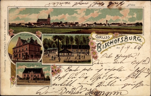 Litho Biskupiec Bischofsburg Ostpreußen, Gesamtansicht, Post, Waldhaus, St. Josef-Krankenhaus