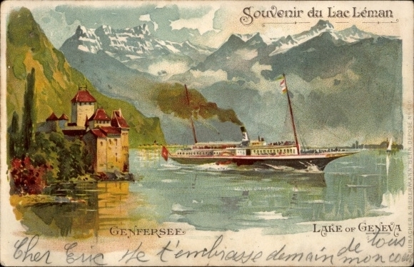 Chromo-Litho Geneva Canton Switzerland, Lac Leman, saloon steamer
