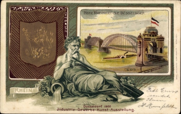 Embossed coat of arms Passepartout Chromo-Litho Düsseldorf, New Rhine Bridge, Father Rhine, Exhibition 1902
