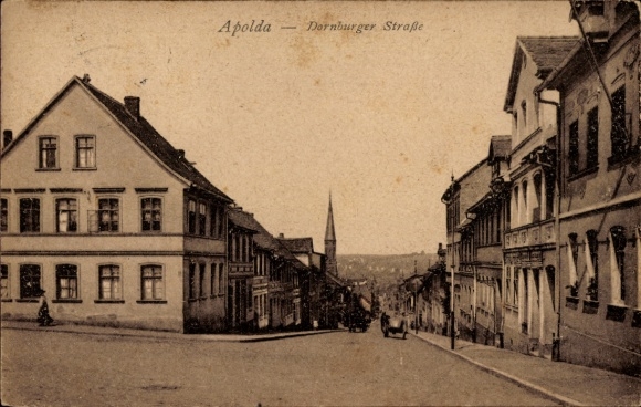 Postcard Apolda in Thuringia, city view, Dornburger Straße, rows of houses, church tower