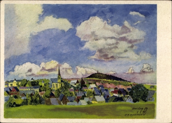 Kunstenaarskaart Heinmann, Ertsgebergte Altenberg, 500 jaar Zinnstadt, afstandsschot, kerk, plaats